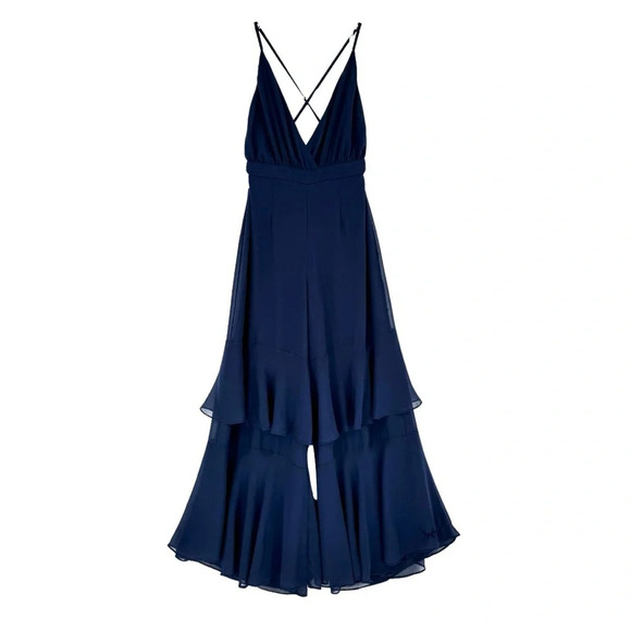 Fame & Partners NWT XS Jumpsuit Navy Tiered Ruffle Wide Leg V-Neck Open Back - Picture 1 of 11